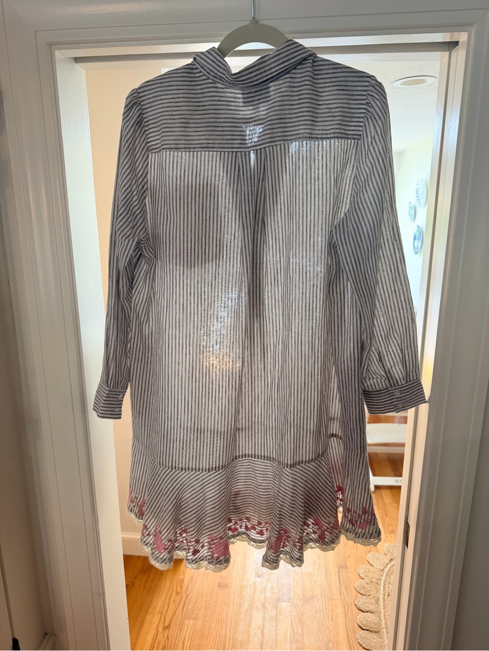 NWT Tuckernuck Gray-Striped Collared Mini Dress with Pink Floral Hem - Picture 4 of 5